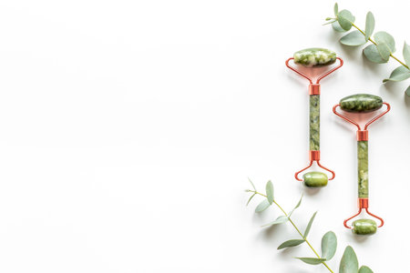 Face massage roller with green leaves for skin care lifting faceの写真素材