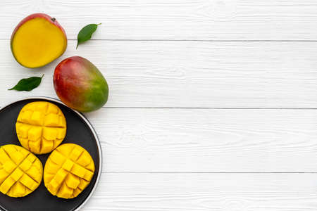 Breakfast with mango fruits. Tropical fruits background. Top viewの写真素材