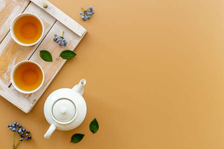 Ceramic white teapot and black tea in two cups, top viewの写真素材