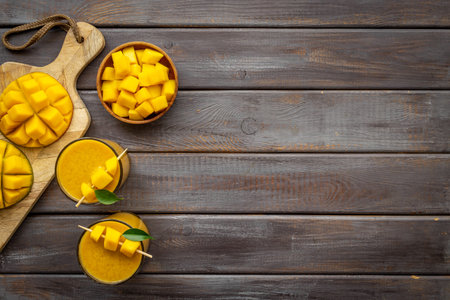 Tropical fruits smoothie or juice with mango slices and cubesの写真素材