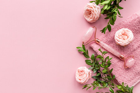 Face massage stone roller with rose flowers for skin beauty careの写真素材