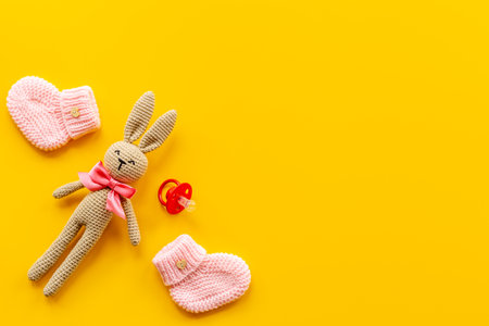 Baby accessories with rabbit toy and newborn booties shoesの写真素材