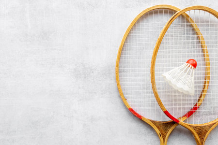 Flat lay of badminton rackets and shuttlecock. Top viewの写真素材