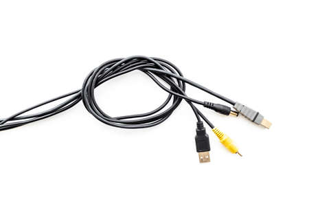 Cables for charging smartphone or laptop, top viewの写真素材