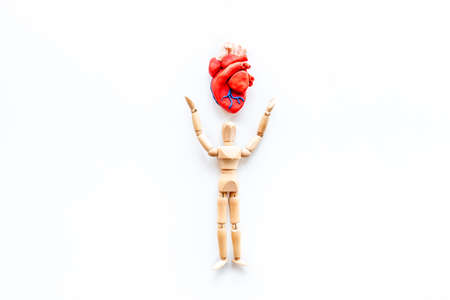 Red heart model with human figurine top view. Cardioigy and heart health conceptの写真素材