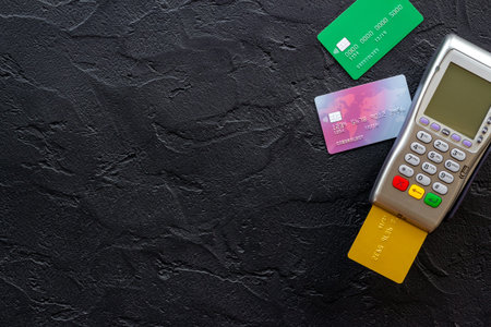 Payment for purchases with credit card. Payment pos terminal top view