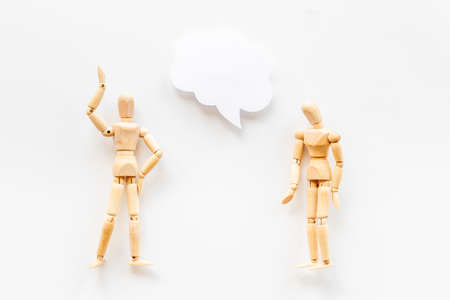 Personal communication concept. Two wooden mannequin figures connectionの写真素材