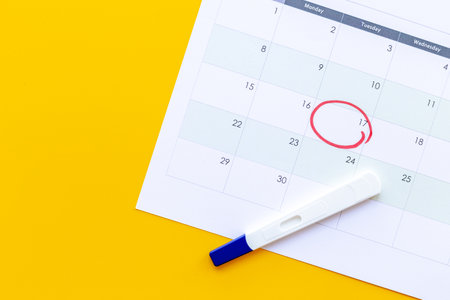 Pregnancy test with calendar to check pregnancy dayの写真素材