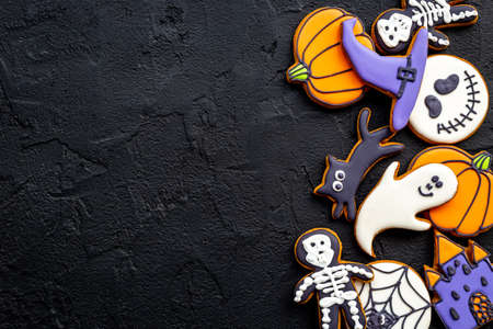 Funny Halloween party cookies with spiders flat lay top viewの写真素材