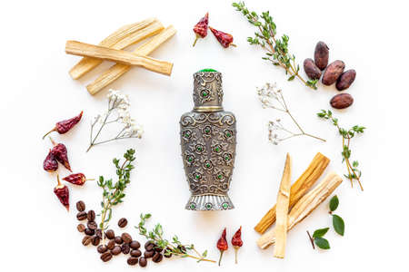Agar wood oil fragrances or arabian oud perfume with with spices and fruitsの写真素材