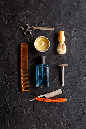 Shaving tools with barber razor and hairdressing scissors. Top view