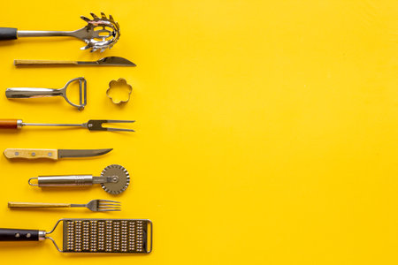 Kitchen utensils and cookware - cooking background, top viewの写真素材