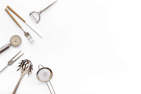 Set of stainless utensils cookware and tools, flat layの写真素材