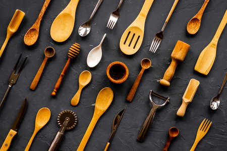 Food cooking background with kitchen utensils and cookwareの写真素材