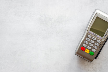 Pos credit card terminal, top view. Payment transactions concept