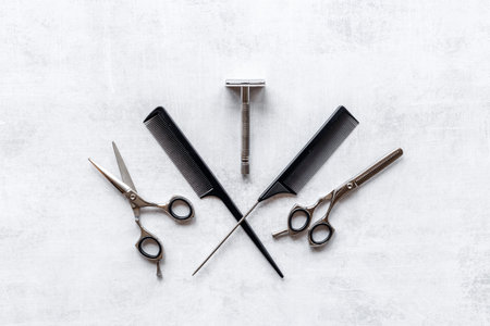 Professional barber tools with hairdressing scissors. Top view