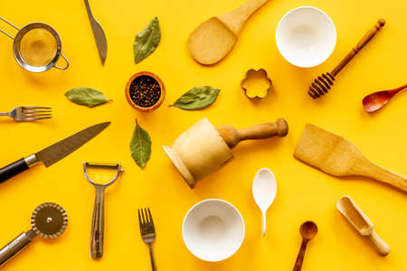 Pattern of kitchen utensils and cookware. Flat lay, top viewの写真素材