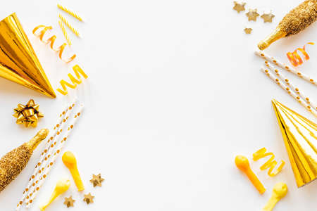 Golden Christmas party decoration flat layの写真素材