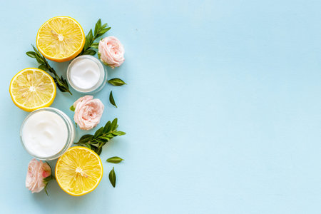 Beauty cosmetic products with herbs citrus and flowersの写真素材