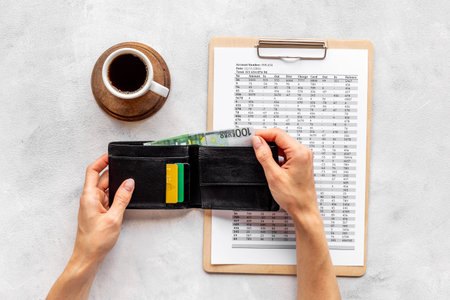 Business taxes report accounting with purse on office table, top view