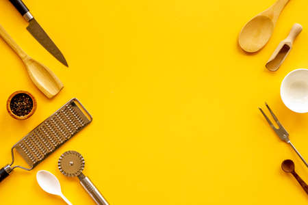 Food cooking background with kitchen utensils and cookwareの写真素材