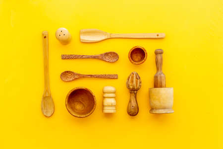 Cooking pattern with wooden kitchen utensils and cookwareの写真素材