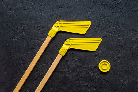 Two hockey sticks and puck. Competitive sports equipment