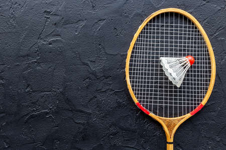 Sports eguipment of badminton racket and shuttlecock, top viewの写真素材