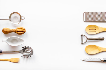 Food cooking background with kitchen utensils and cookware