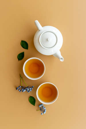 Tea drinking with white teapot and two cups with green leaves, top viewの写真素材