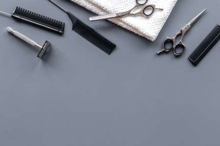 Set of barber shop equipment with hairdressing scissors and combsの写真素材