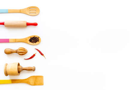 Set of wooden utensils and cookware tools, top viewの写真素材