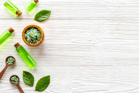 Cosmetic set products with tea tree essential oil, top viewの写真素材