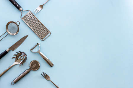 Set of kitchen appliance and utensils top view. Cooking backgroundの写真素材