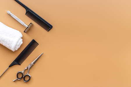 Barber tools with hairdressing scissors and combsの写真素材