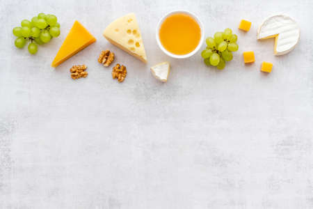 Various types of cheese layout. Dairy products flat layの写真素材