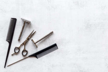 Set of barber tools with hairdressing scissors. Top viewの写真素材