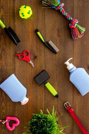 Pet care set with grooming tools and toys for dogs, top viewの写真素材