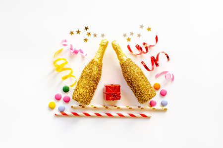 Children kids party flat lay confetti with party hats and balloons