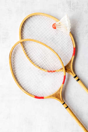 Top view of badminton rackets and shuttlecock. Competitive sports conceptの写真素材