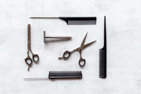 Set of barber tools with hairdressing scissors. Top viewの写真素材