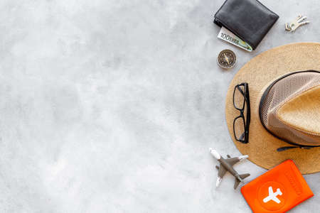 Male traveler outfit and accessories for vacation. Layout top viewの写真素材