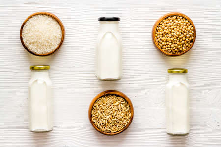 Almonds rice and oats milk. Non dairy vegan diet nutritionの写真素材