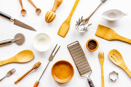 Kitchenware cooking tools and utensils. Cooking background, flat layの写真素材