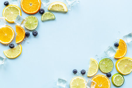 Frame of slices citrus fruits and berries for cocktail or juice, top viewの写真素材