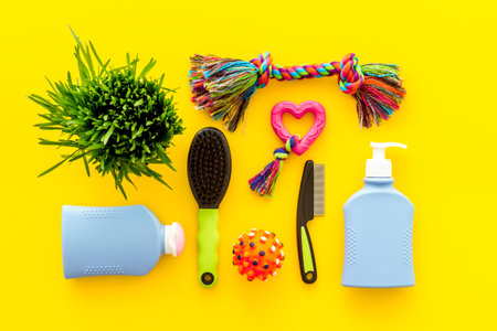 Grooming tools and pet accessories with dog and cat toysの写真素材