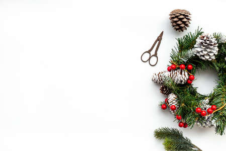 Christmas wreath with with fir tree, ribbon and decor. New year decorationの写真素材