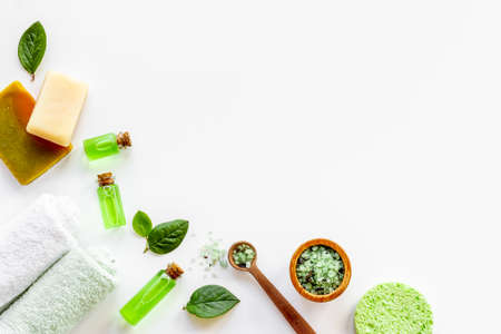 Frame of green aroma spa tea tree cosmetics with essential oilの写真素材
