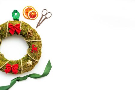 Green Christmas wreath with decor, top view. New year decorationの写真素材