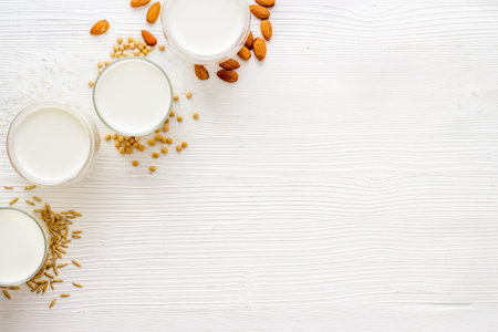 Almonds rice and oats milk. Non dairy vegan diet nutritionの写真素材